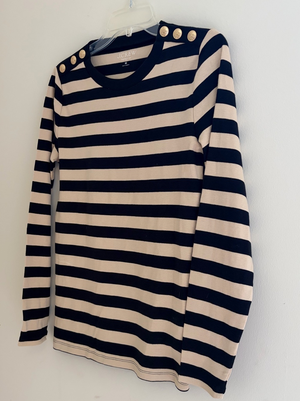 J. Crew Striped Black and Cream Crewneck Sweater with Gold Buttons - Picture 4 of 7